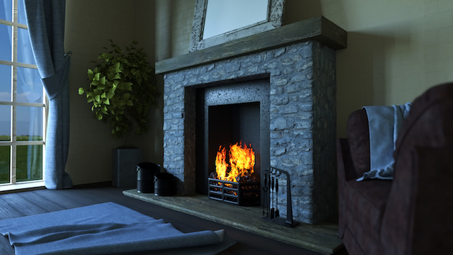 3D lounge interior with roaring fire in fireplace