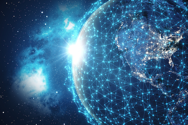 3D Rendering Global Network Background. Connection Lines with Dots Around Earth Globe. Global International Connectivity. Earth from Space With Stars and Nebula. Elements of this image furnished by NASA